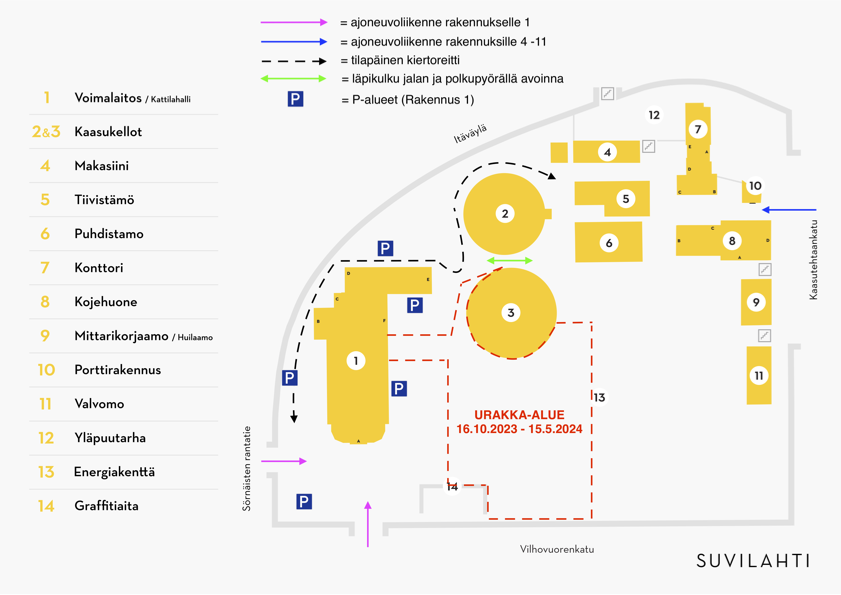 Kartta Suvilahden maaanalaisten kanaalien poistotyön työmaa-alueesta