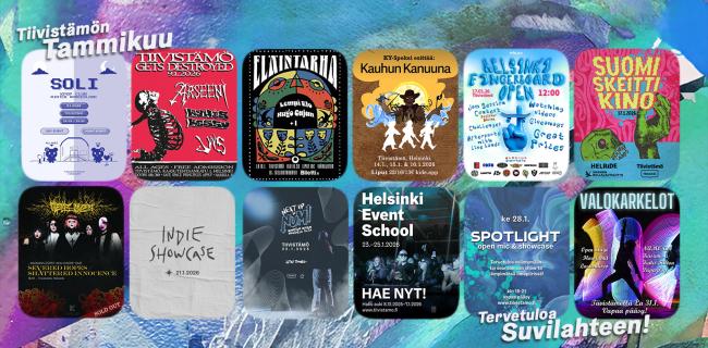 Kollaasi tiivistämön tammikuun tapahtumien kansikuvista