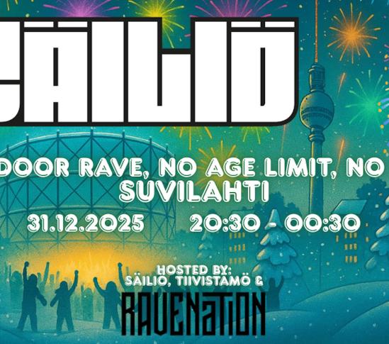Värikäs juliste, jossa ilotulitteita talvisen Suvilahden yllä. Keskellä suuri teksti ’SÄILIÖ’. Julisteessa logot Tiivistämöstä, Ravenationista ja Light Bringersista.