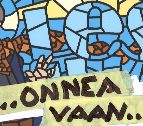 Tyylitelty, lasimaalausta muistuttava kuva, jossa hahmo tekee kädellään onnittelueleen. Taustalla sinisävyinen mosaiikkimainen kuvio. 