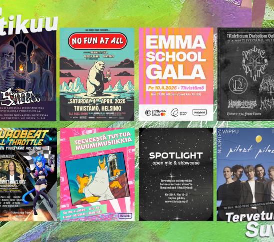Kuvakollaasi Tiivistämön huhtikuun 2026 tapahtumista. Ylhäällä teksti “Tiivistämön Huhtikuu 2.4.–26”. Mukana useita värikkäitä tapahtumajulisteita, mm. keikkoja, klubi-iltoja, open mic -ilta, EMMA School Gala, eurobeat-tapahtuma, muumimusiikkikonsertti sekä DJ- ja dance battle -tapahtumia. Alareunassa teksti “Tervetuloa Suvilahteen!”.
