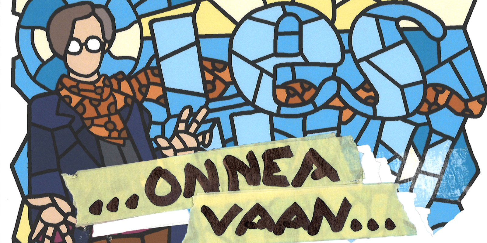 Tyylitelty, lasimaalausta muistuttava kuva, jossa hahmo tekee kädellään onnittelueleen. Taustalla sinisävyinen mosaiikkimainen kuvio. 